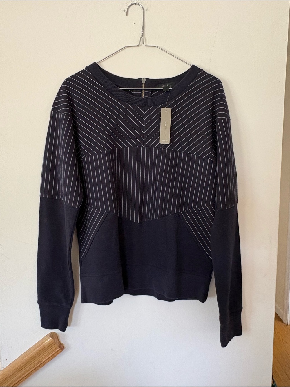 J. Crew Navy Crewneck Sweater with White Pinstripes